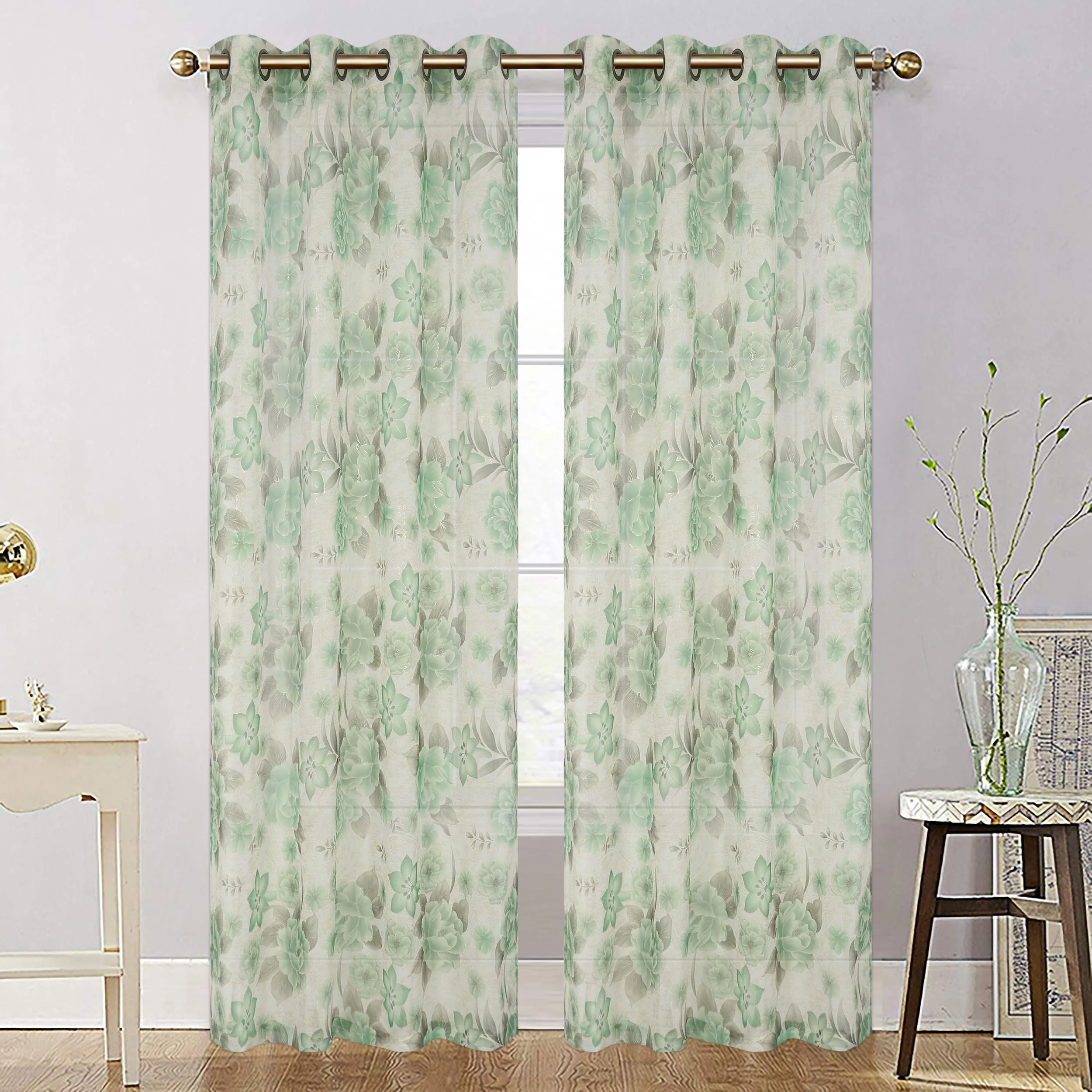 Organza Sheer Flower Grommet Top Window Curtain Panel, 81019