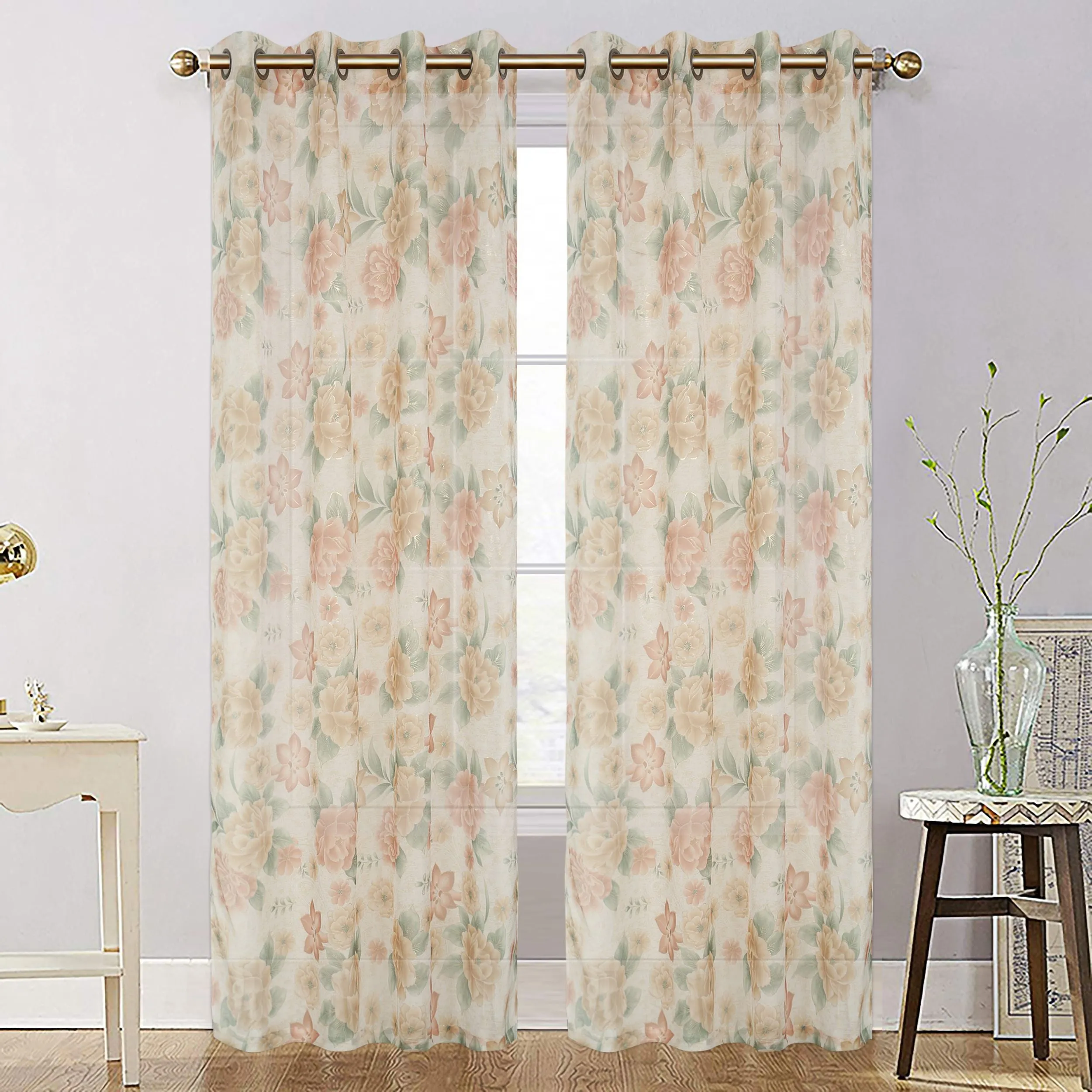 Organza Sheer Flower Grommet Top Window Curtain Panel, 81019