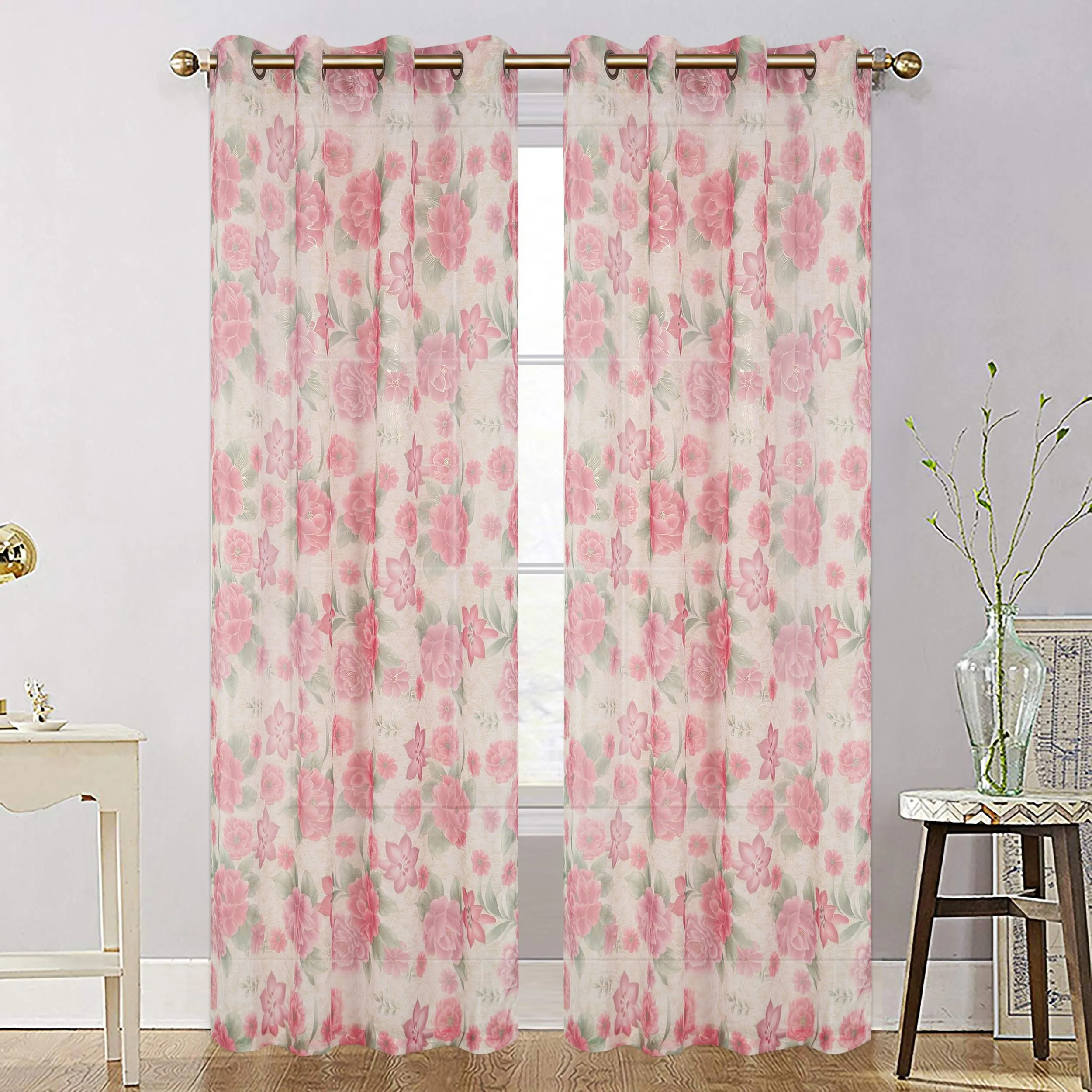 Organza Sheer Flower Grommet Top Window Curtain Panel, 81019