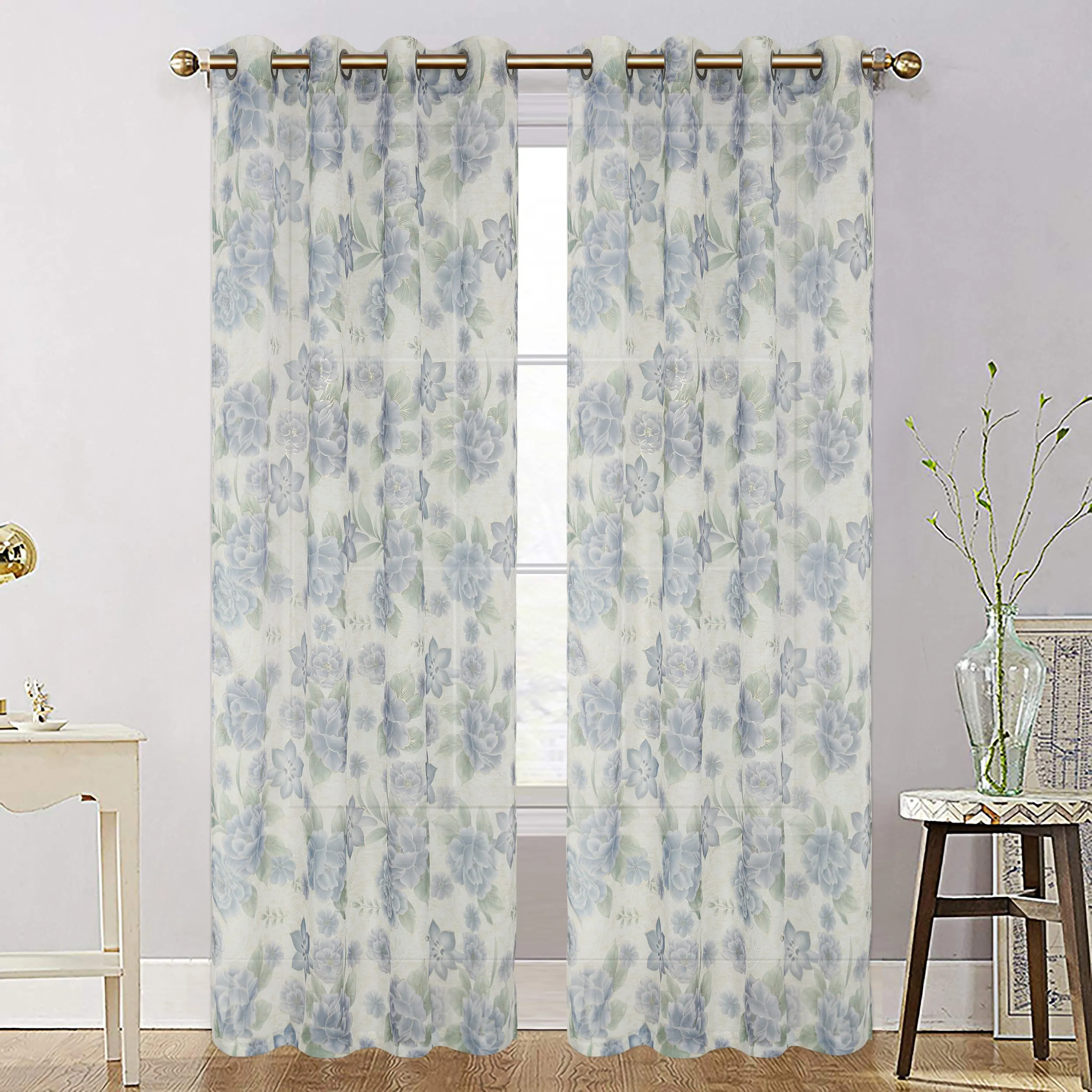 Organza Sheer Flower Grommet Top Window Curtain Panel, 81019