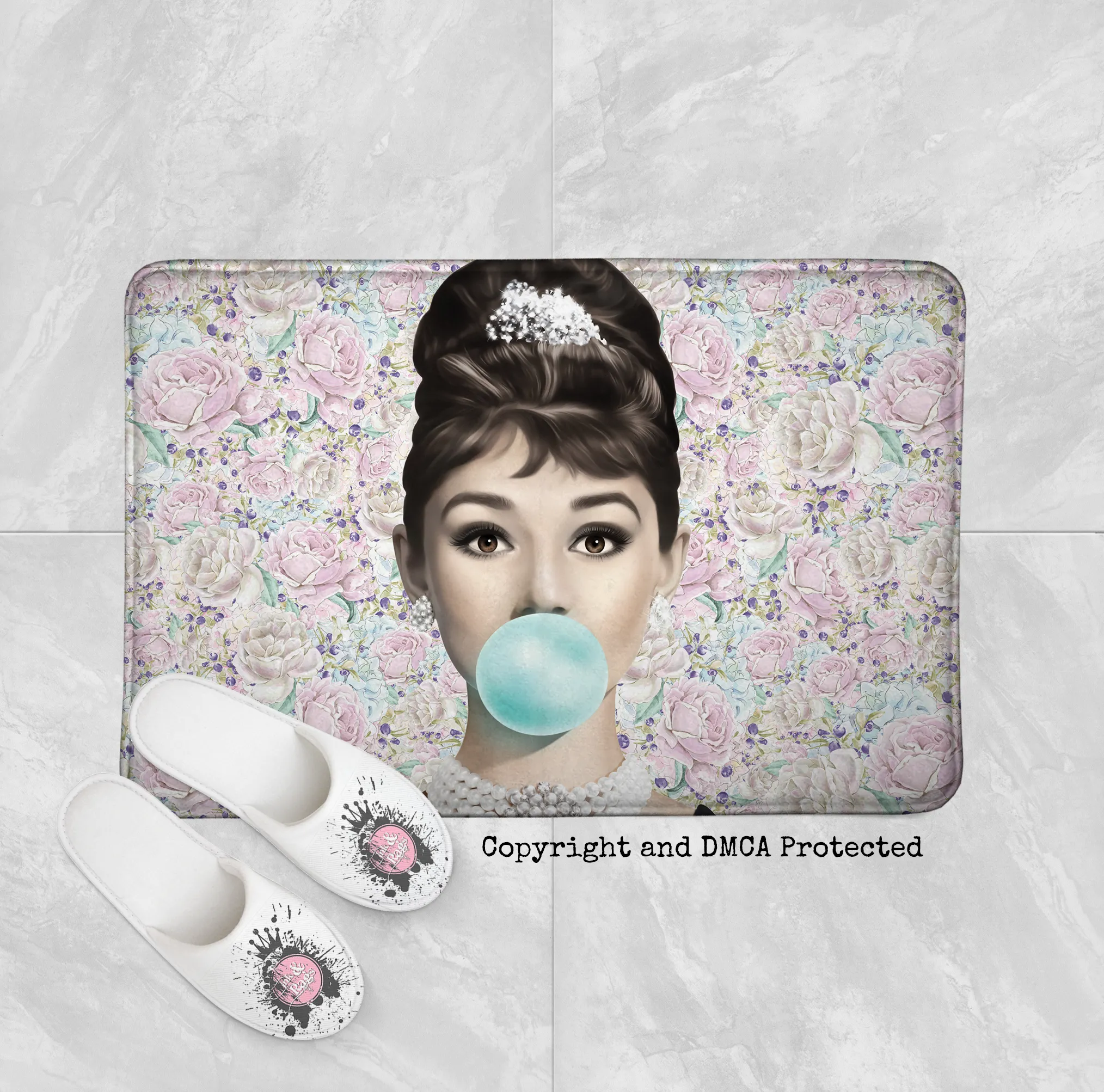 Pastel Rose Audrey Hepburn Shower Curtains and Optional Bath Mats