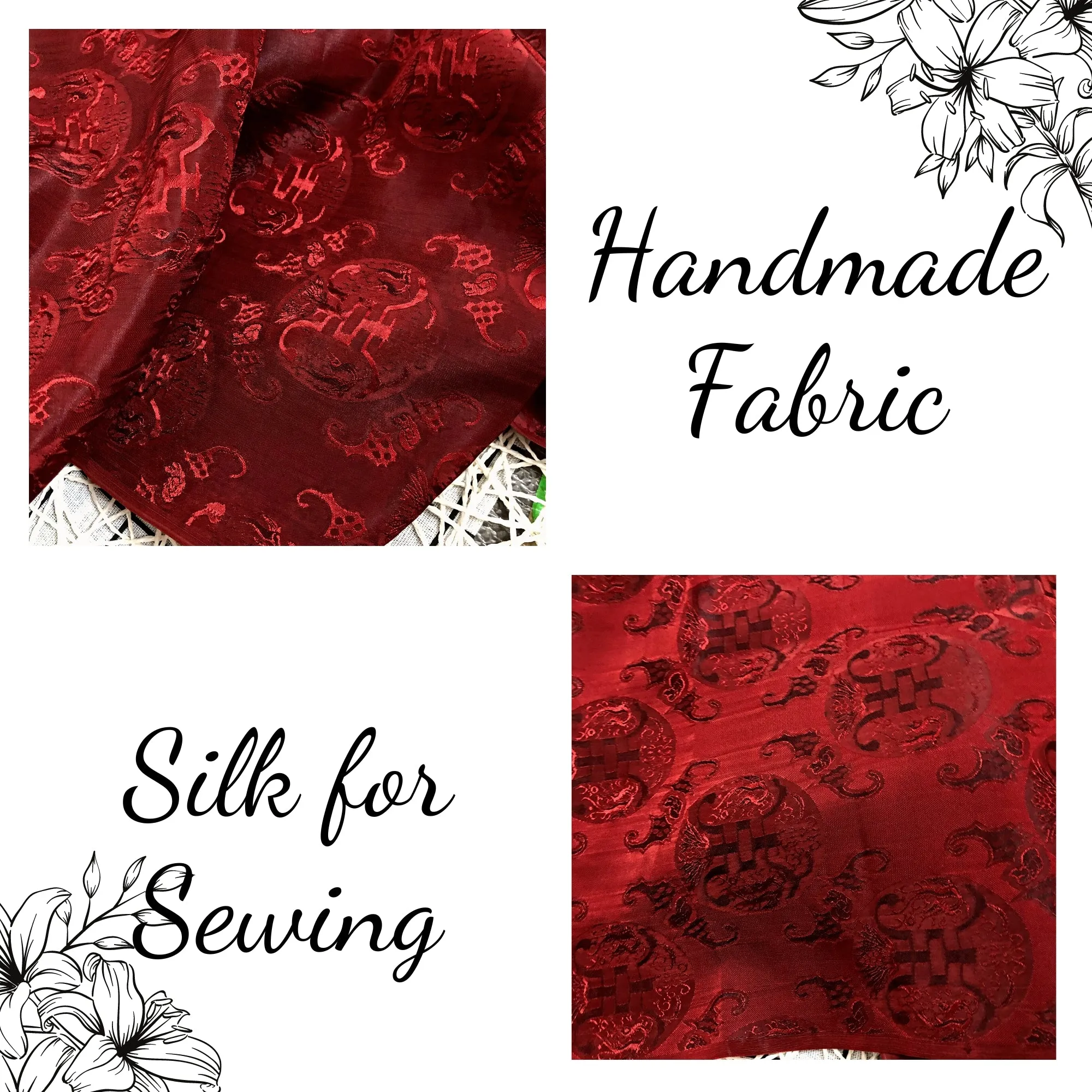 PATTERN MULBERRY SILK fabric by the yard - Red silk fabric - Handmade fabric – Dress making – Silk for sewing - Gift for her