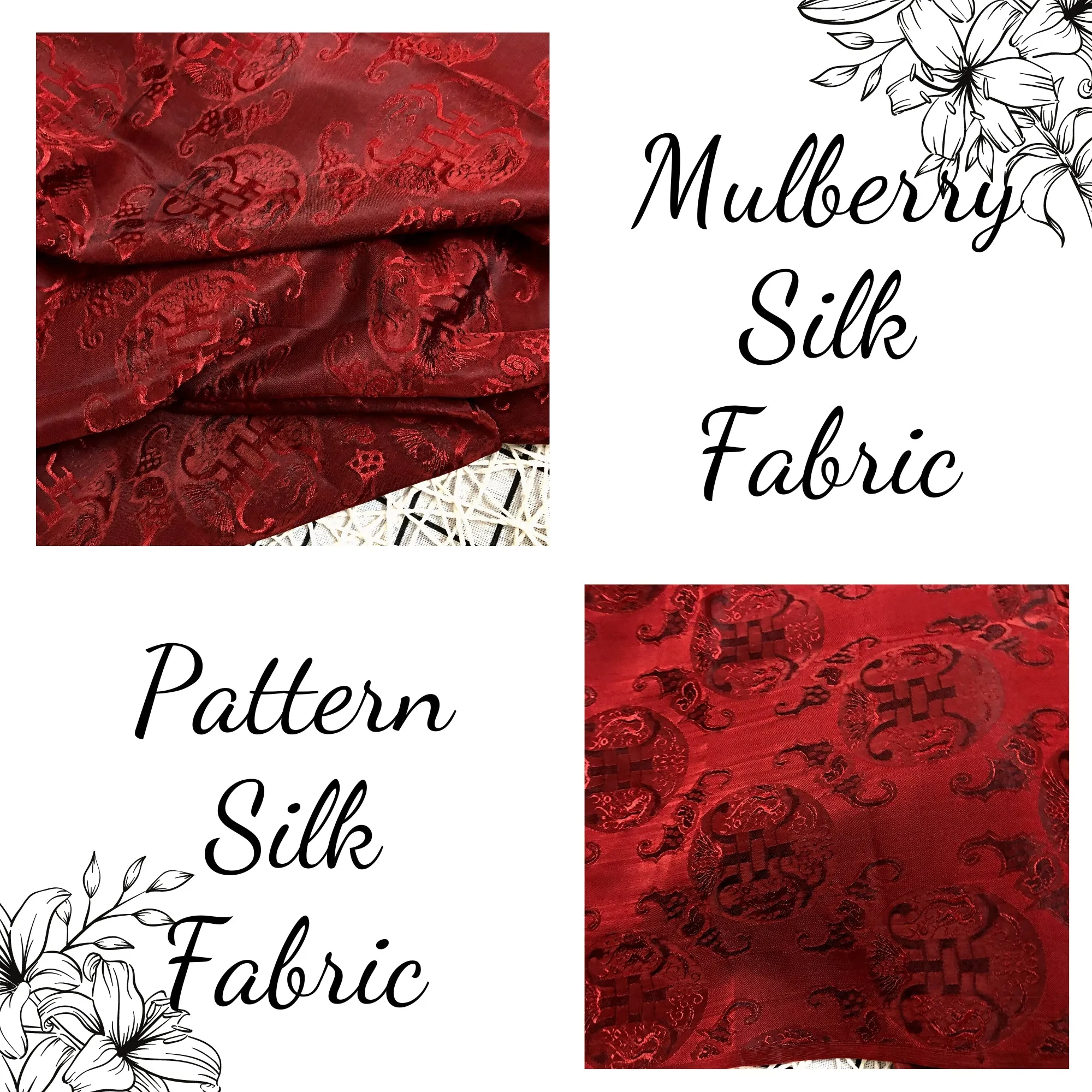 PATTERN MULBERRY SILK fabric by the yard - Red silk fabric - Handmade fabric – Dress making – Silk for sewing - Gift for her