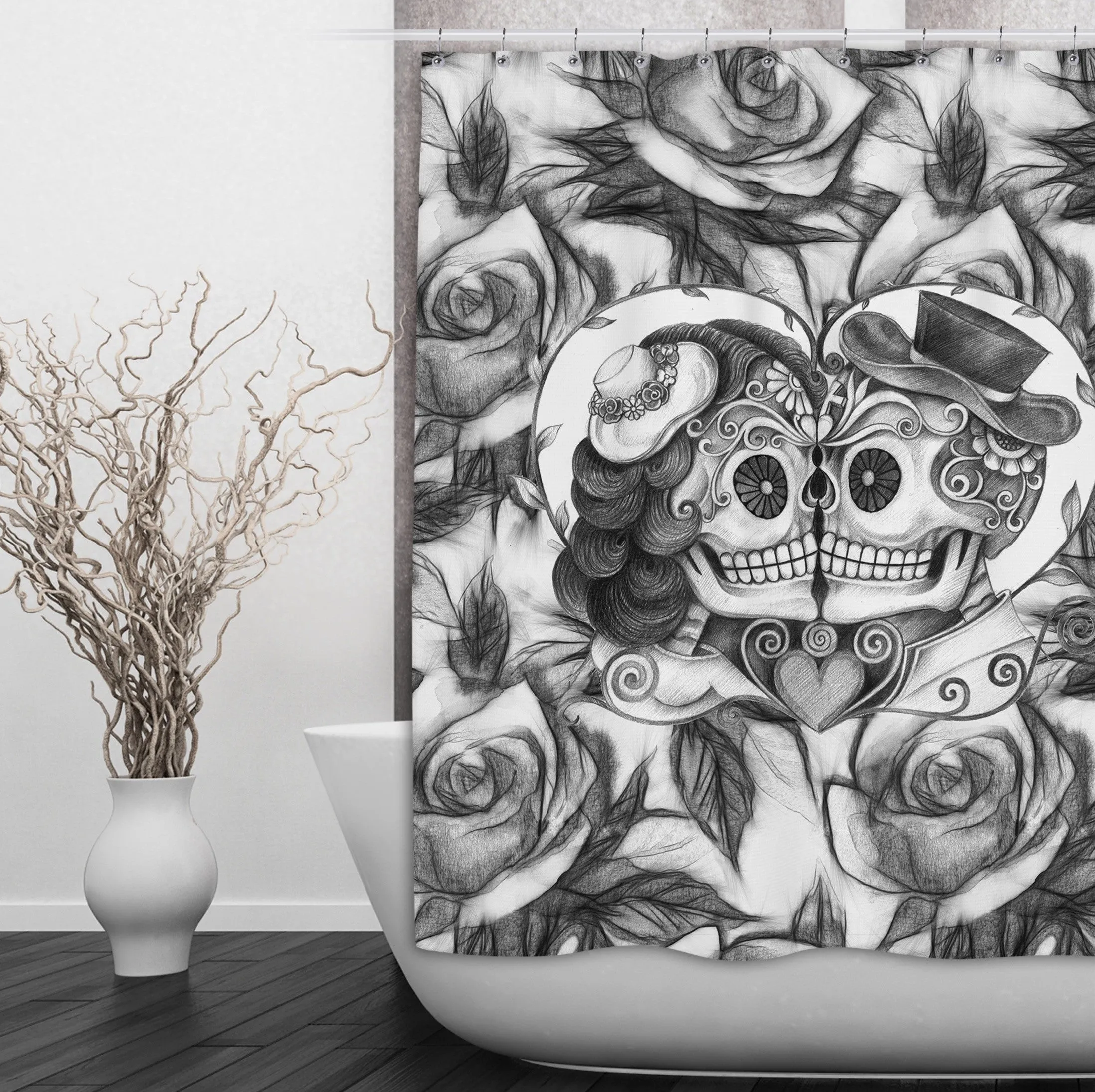 Pencil Sketch Rose Kissing Couple Sugar Skull Shower Curtains and Optional Bath Mats