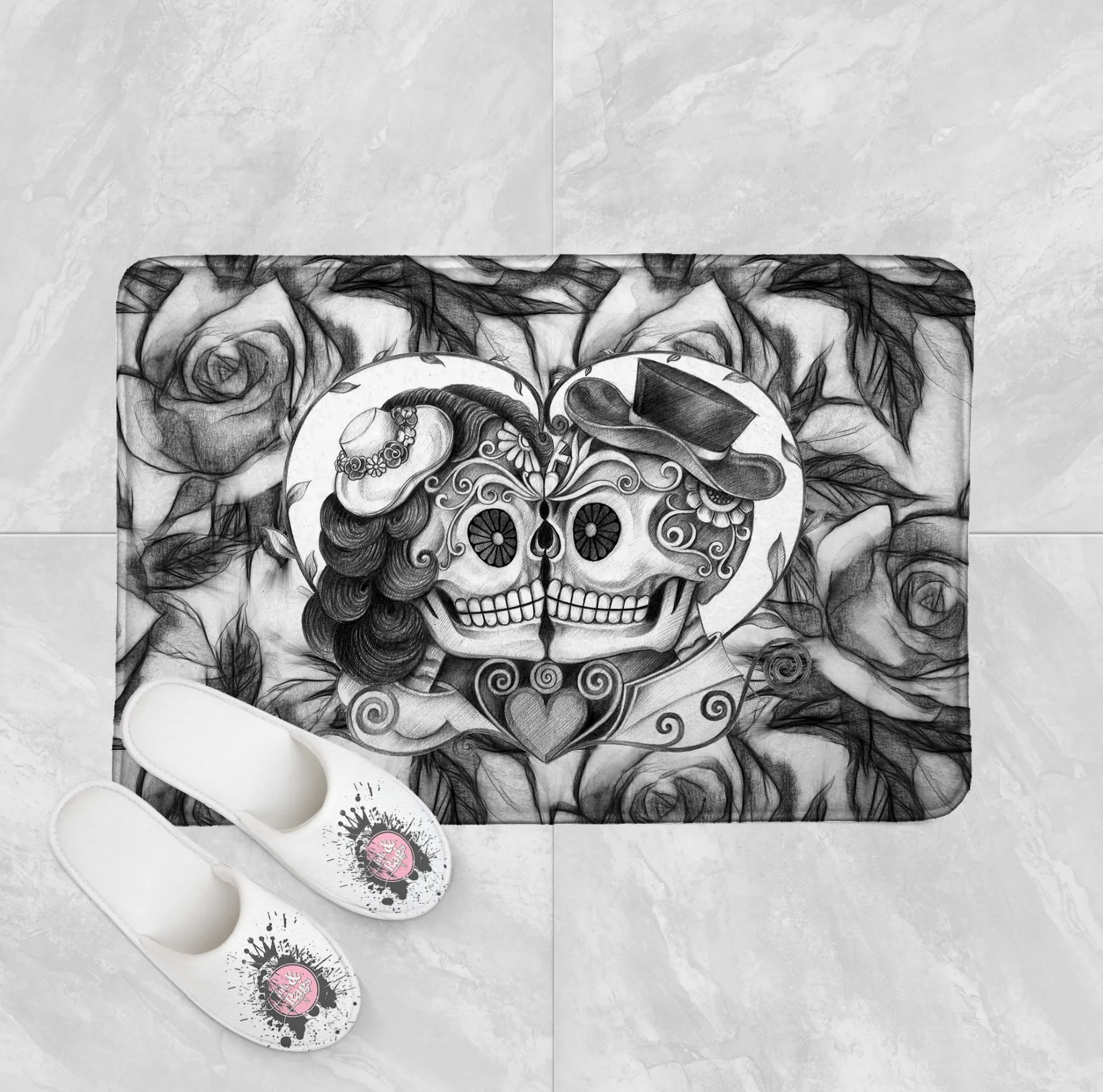 Pencil Sketch Rose Kissing Couple Sugar Skull Shower Curtains and Optional Bath Mats