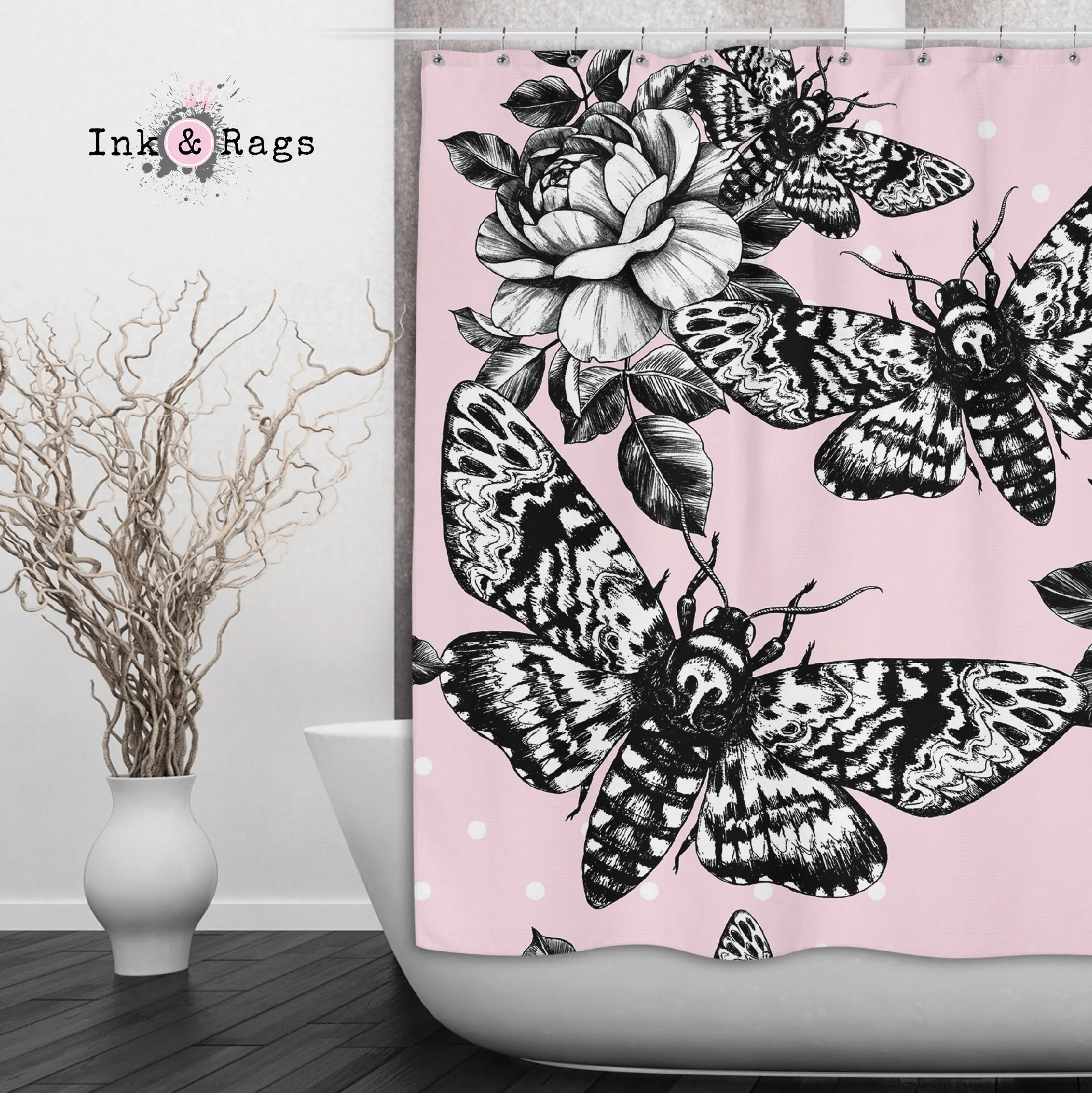 Pink Death Head Moth Skull and Rose Shower Curtains and Optional Bath Mats