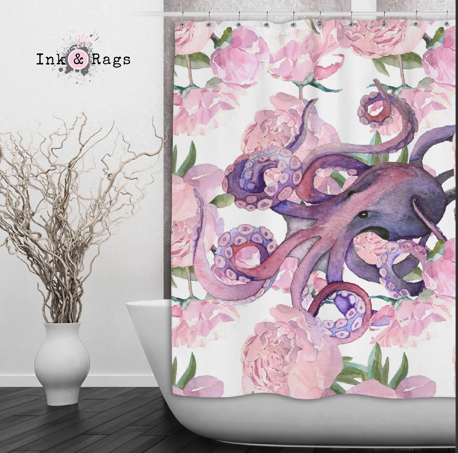 Pink Peony Purple Octopus Shower Curtains and Optional Bath Mats