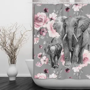 Pink Rose Mama and Baby Elephant Shower Curtains and Optional Bath Mats