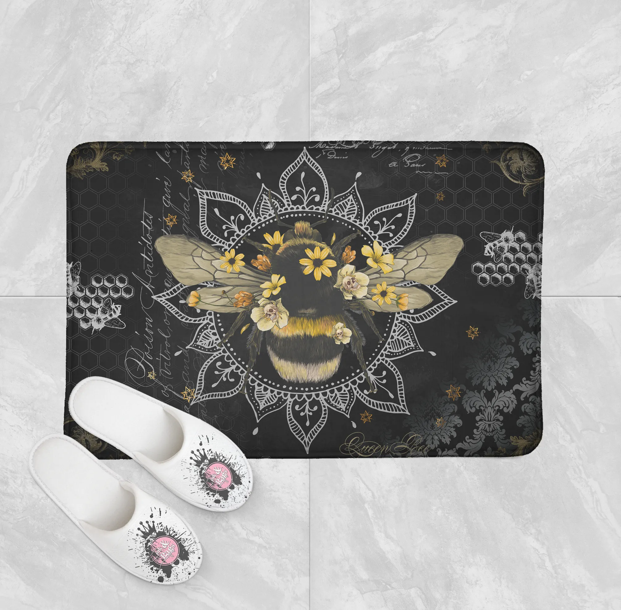 Poison Bee Mandala Skull Black Shower Curtains and Optional Bath Mats