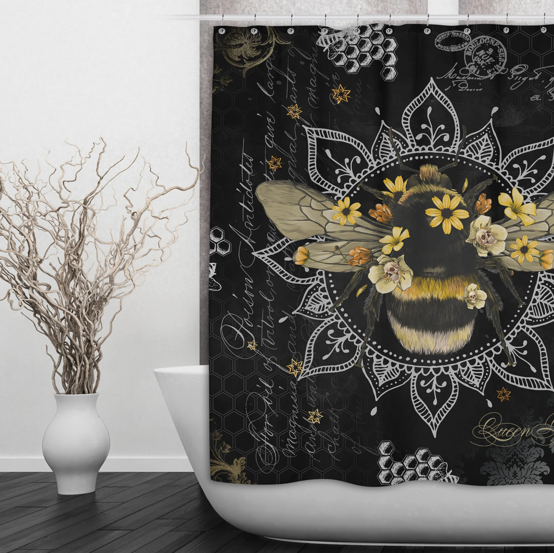 Poison Bee Mandala Skull Black Shower Curtains and Optional Bath Mats