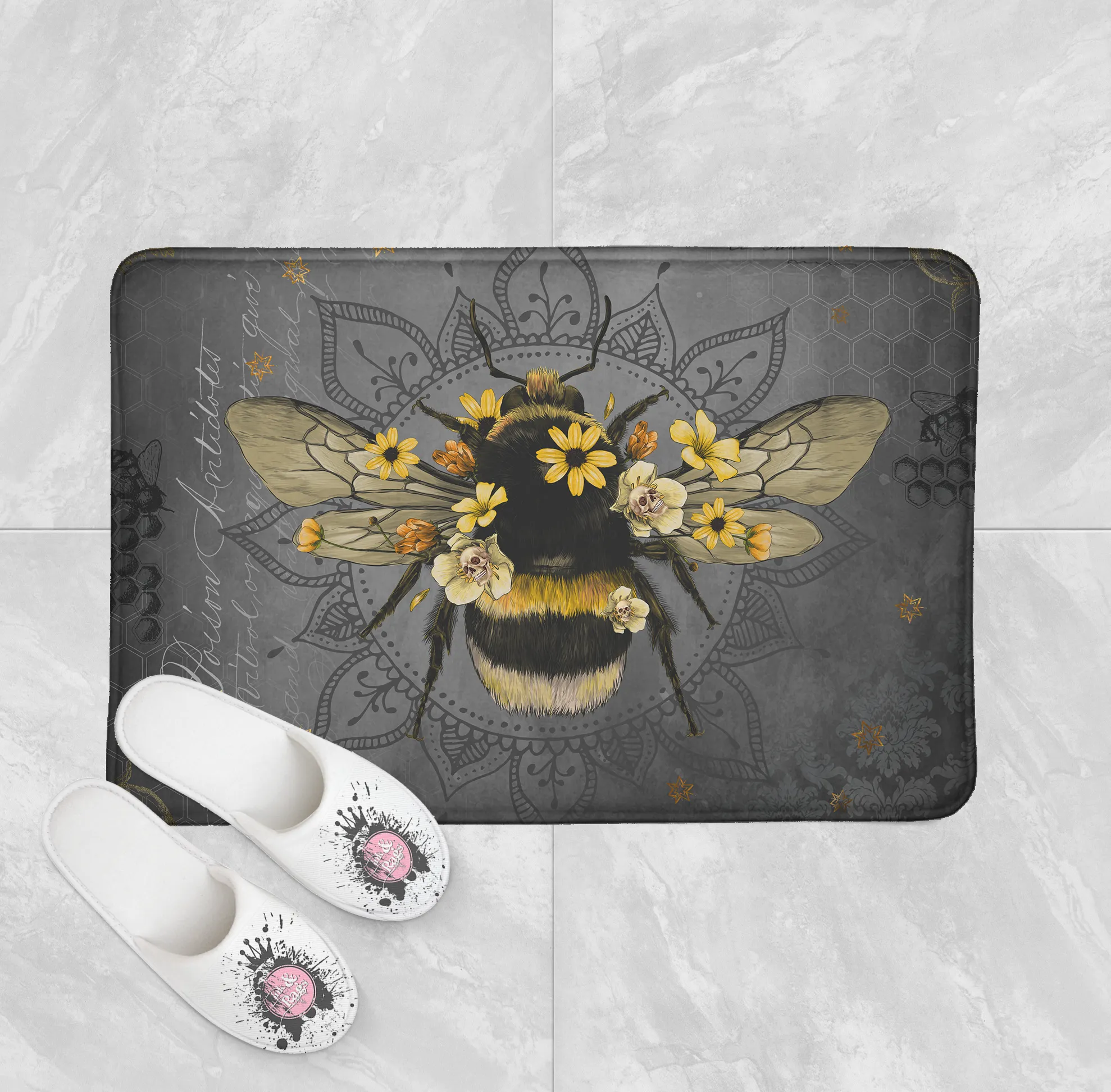 Poison Bee Mandala Skull Grey Shower Curtains and Optional Bath Mats