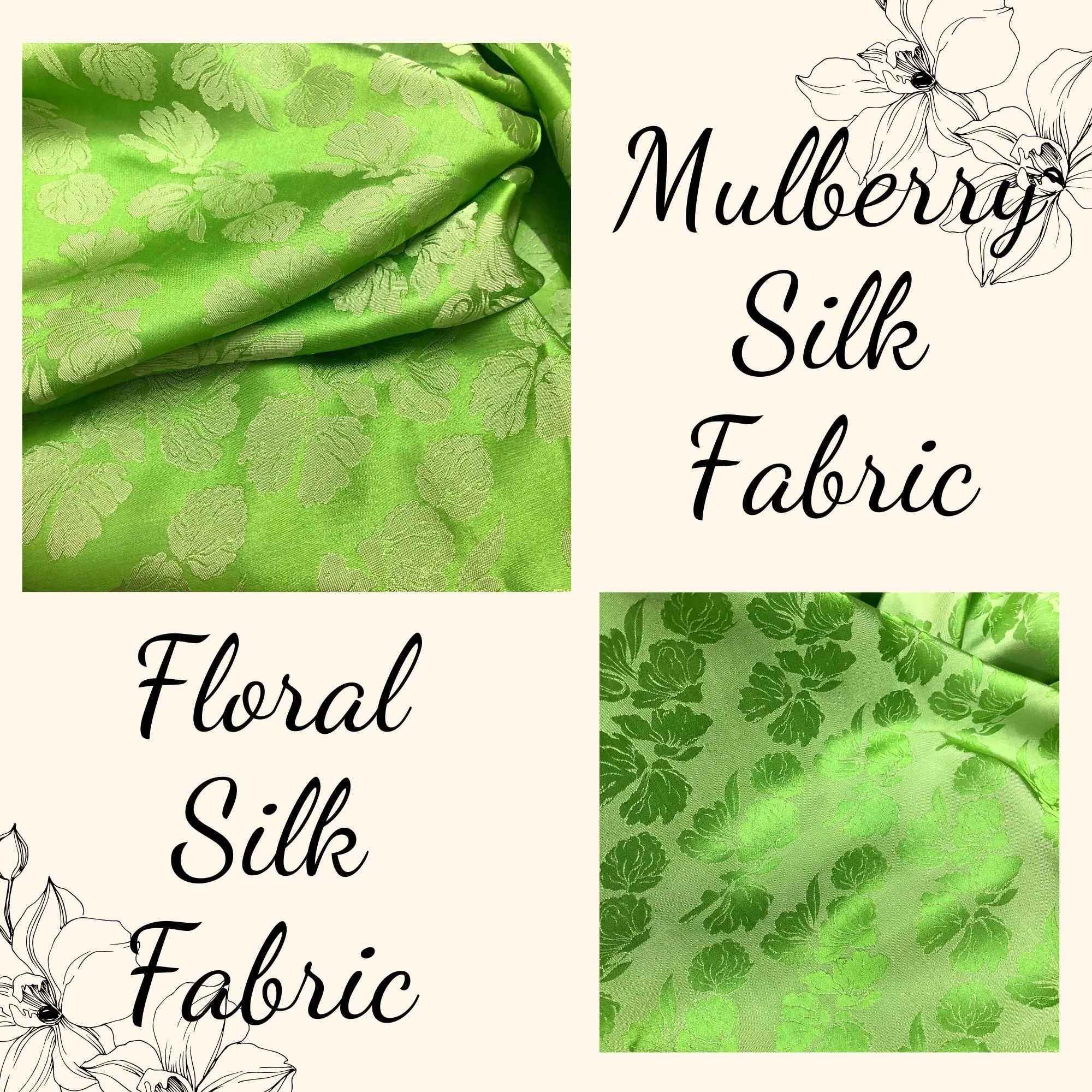 PURE MULBERRY SILK fabric by the yard - Green floral silk fabric - Handmade fabric – Dress making – Silk for sewing - Gift for women