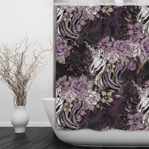 Purple Rose Unicorn Skull and Death Moth Shower Curtains and Optional Bath Mats