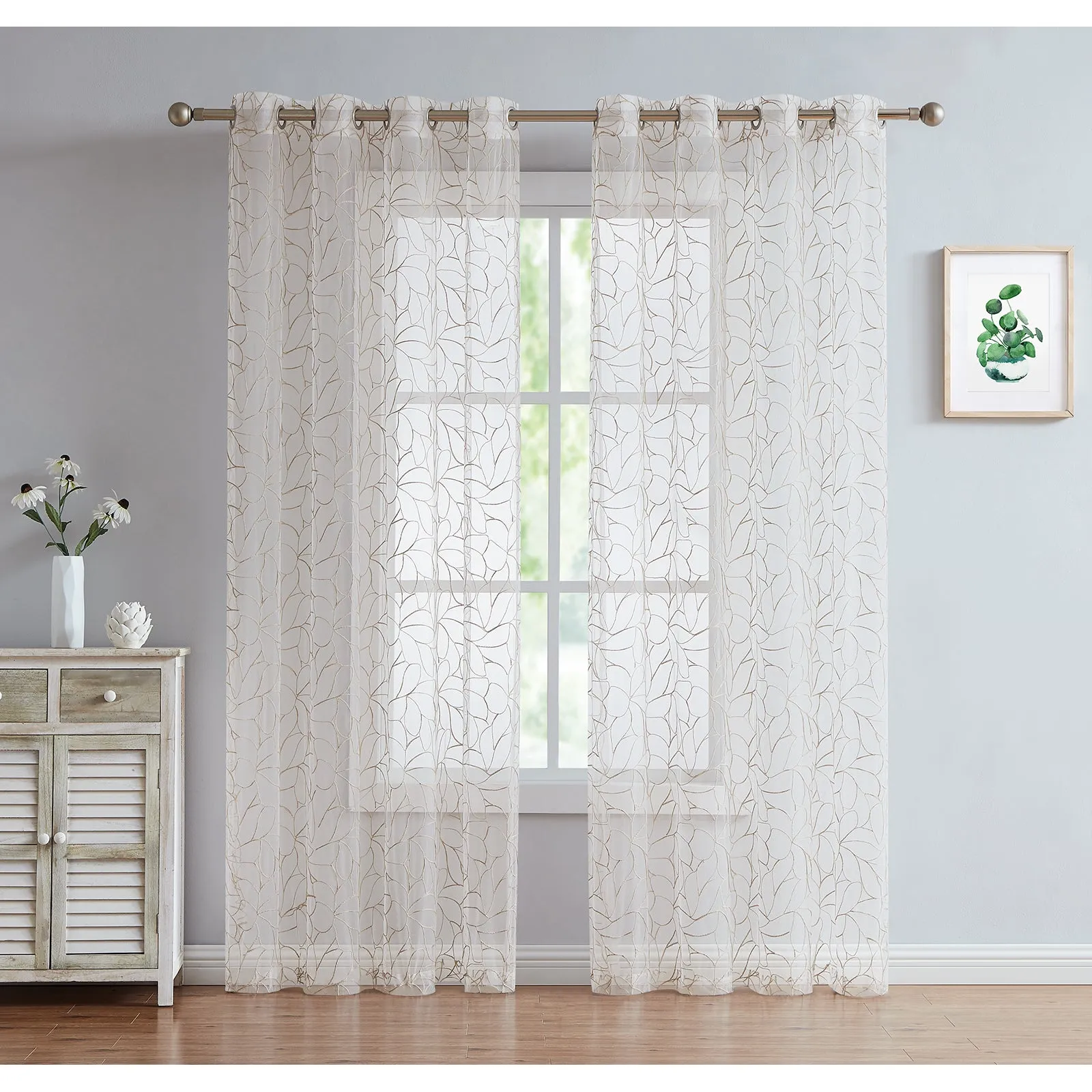 Red Co. Semi Sheer Embroidered Soft Decorative Linen Curtains with Grommets 2 Piece Set, 54" x 63"