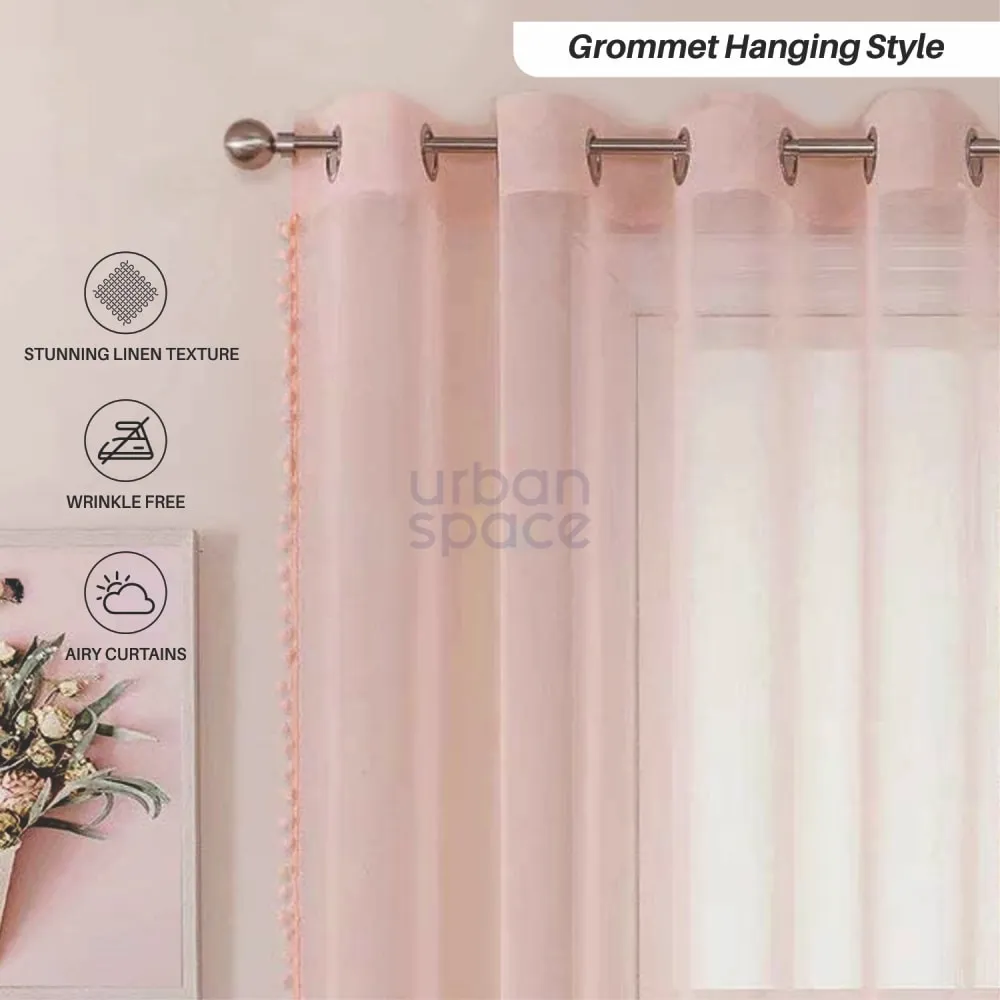 Sheer Curtain for Living Room with linen texture, Net Curtain for balcony, Pack of 2 Curtains - Blush Pink with pom pom