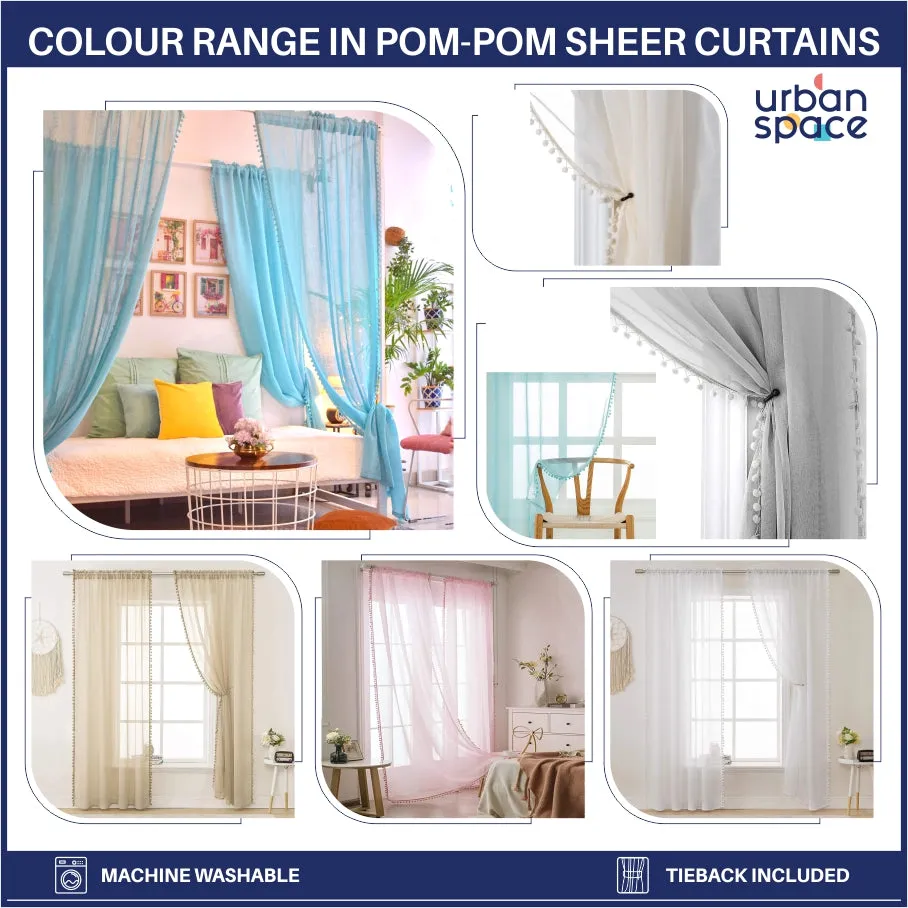 Sheer Curtain for Living Room with linen texture, Net Curtain for balcony, Pack of 2 Curtains - Blush Pink with pom pom