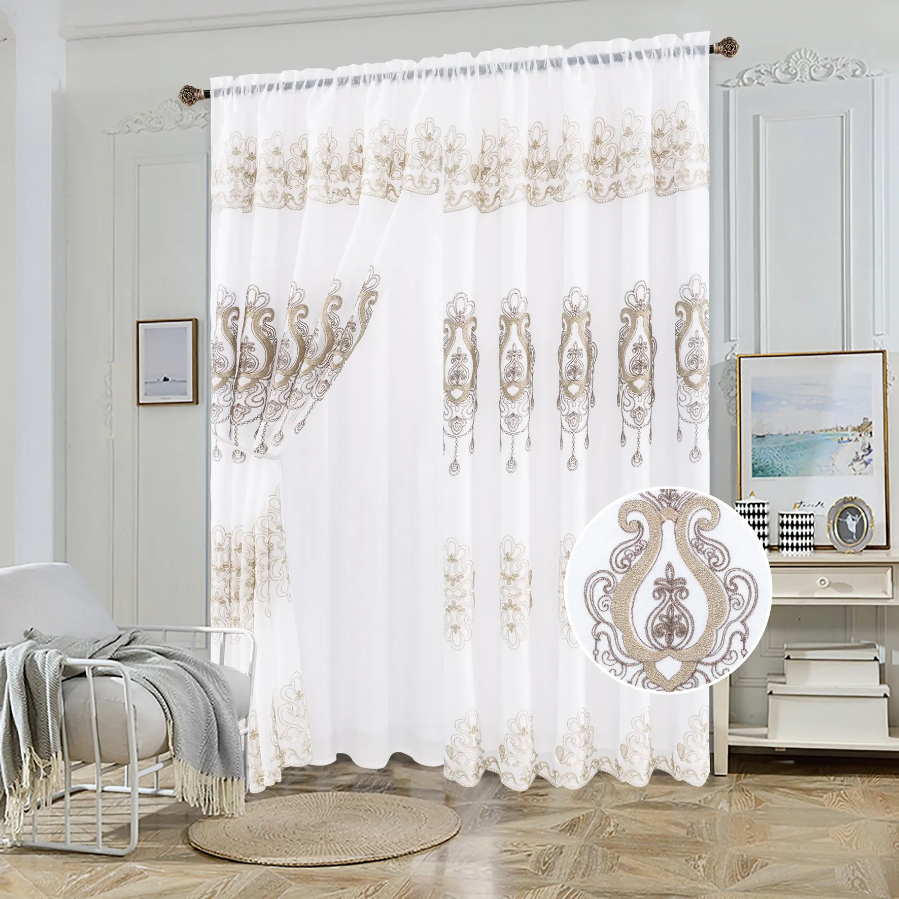 Sheer Voile 2 Layers Rod Pocket Window Curtain Panel, 81062