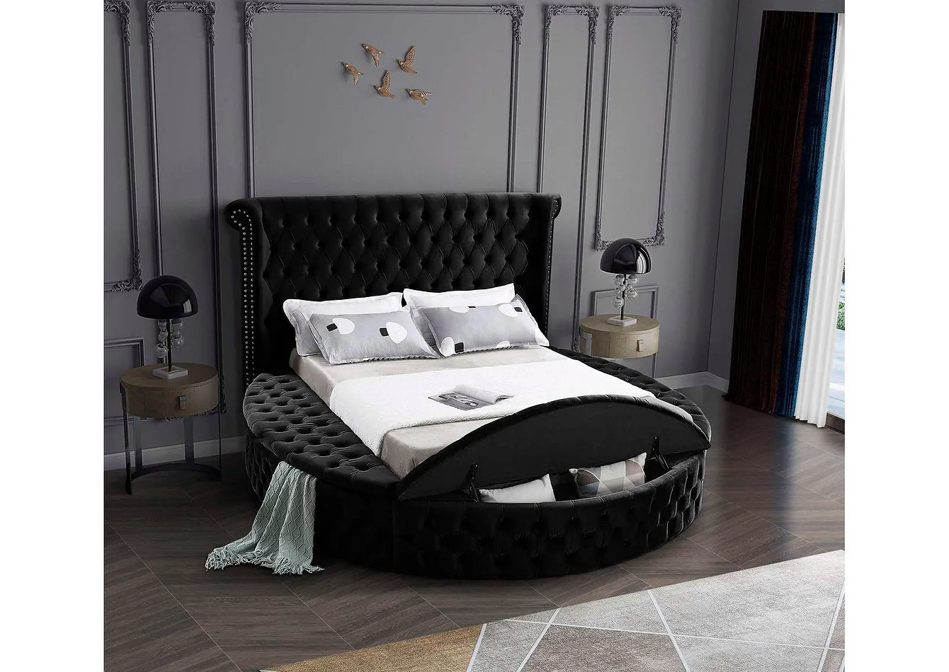 Space Saving and Luxurious Round Black Velvet Bed