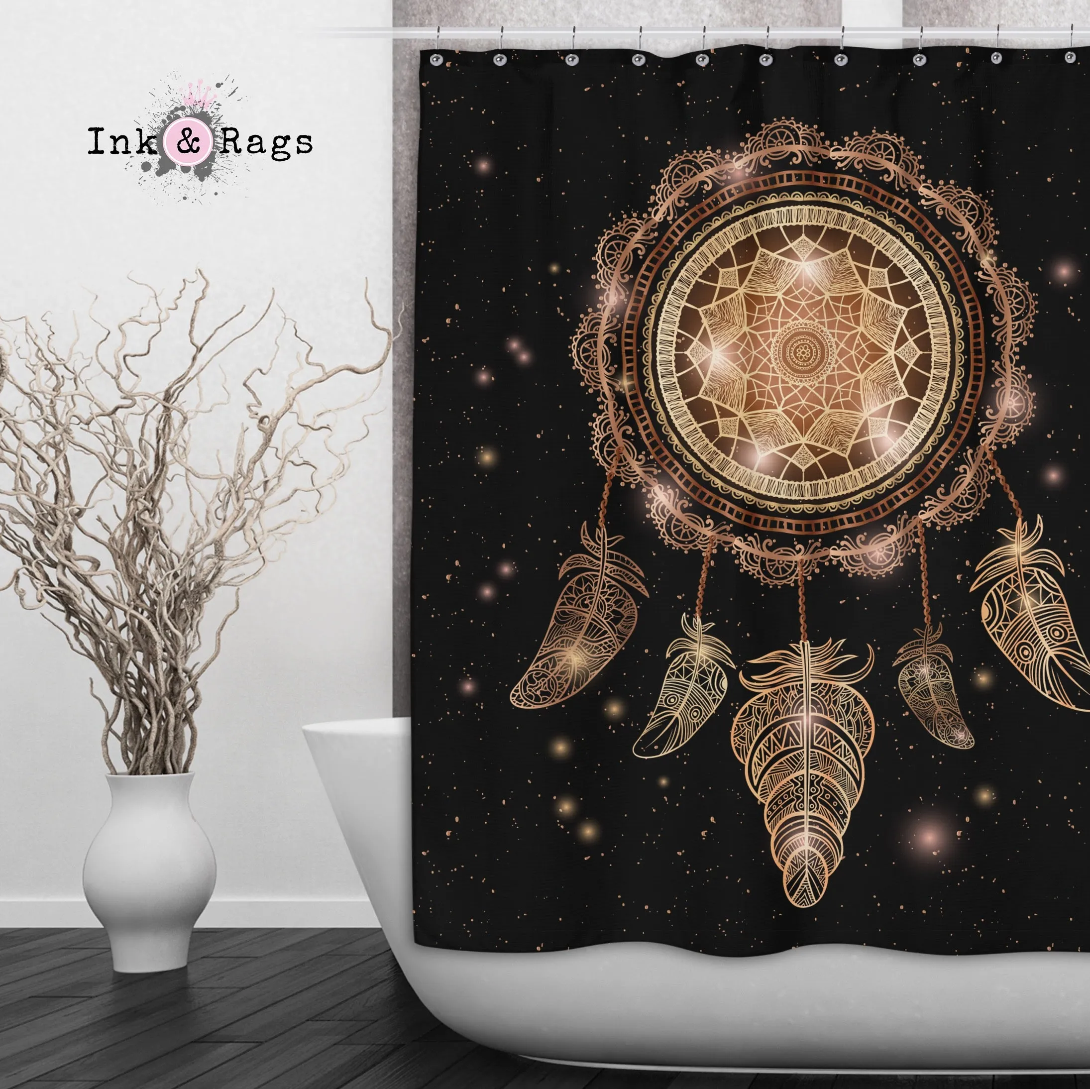 Starry Night Bohemian Dreamcatcher Shower Curtains and Optional Bath Mats