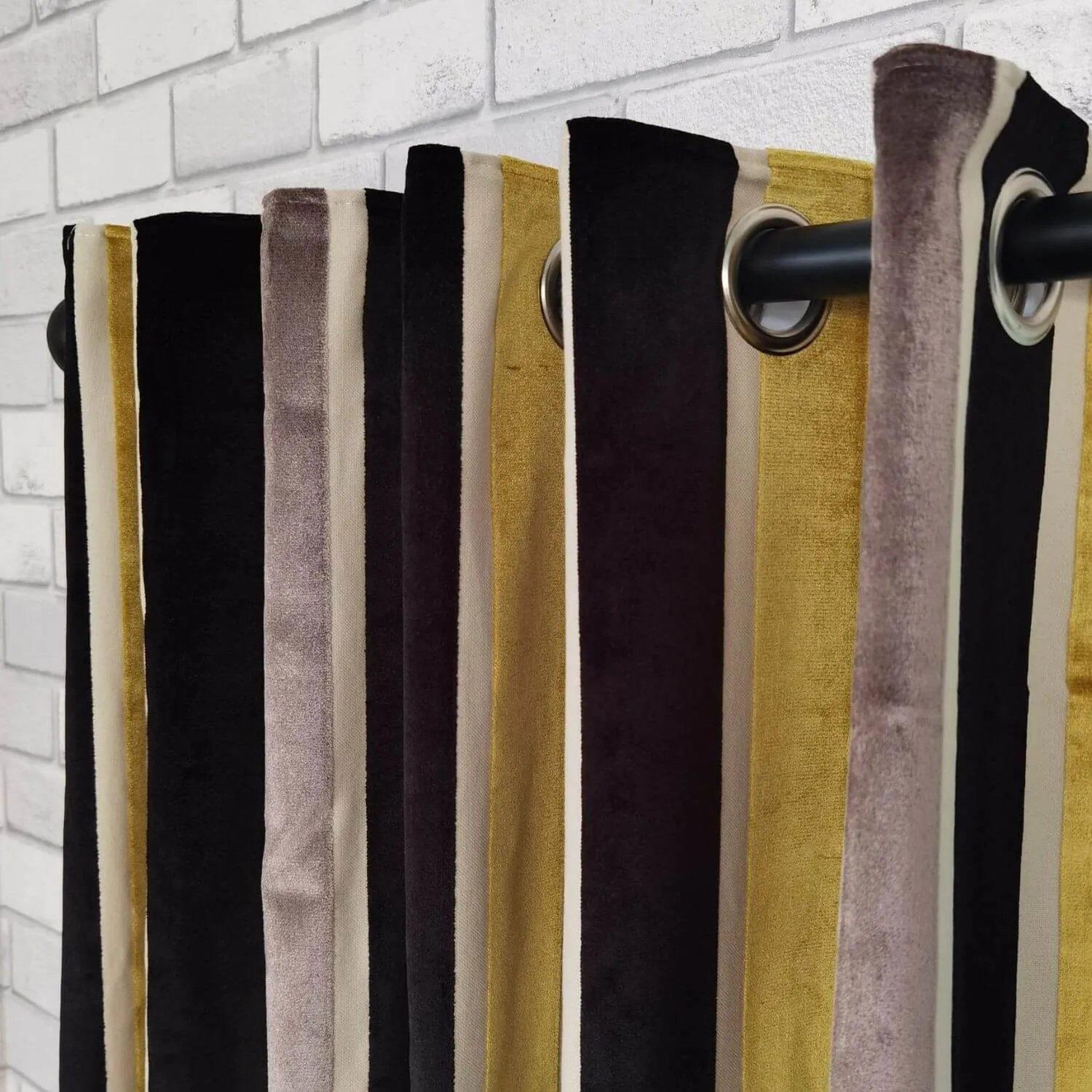 Stripe Velvet Curtains 90" x 90" - Ochre & Black