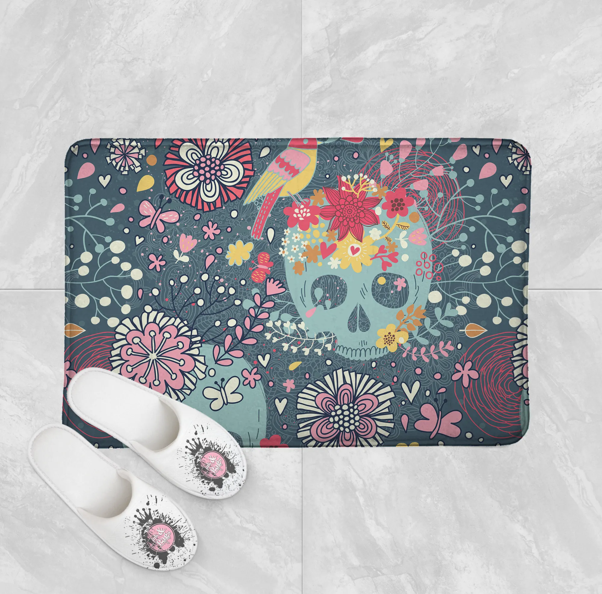 Sugar Skull with Woodland Flowers Shower Curtains and Optional Bath Mats