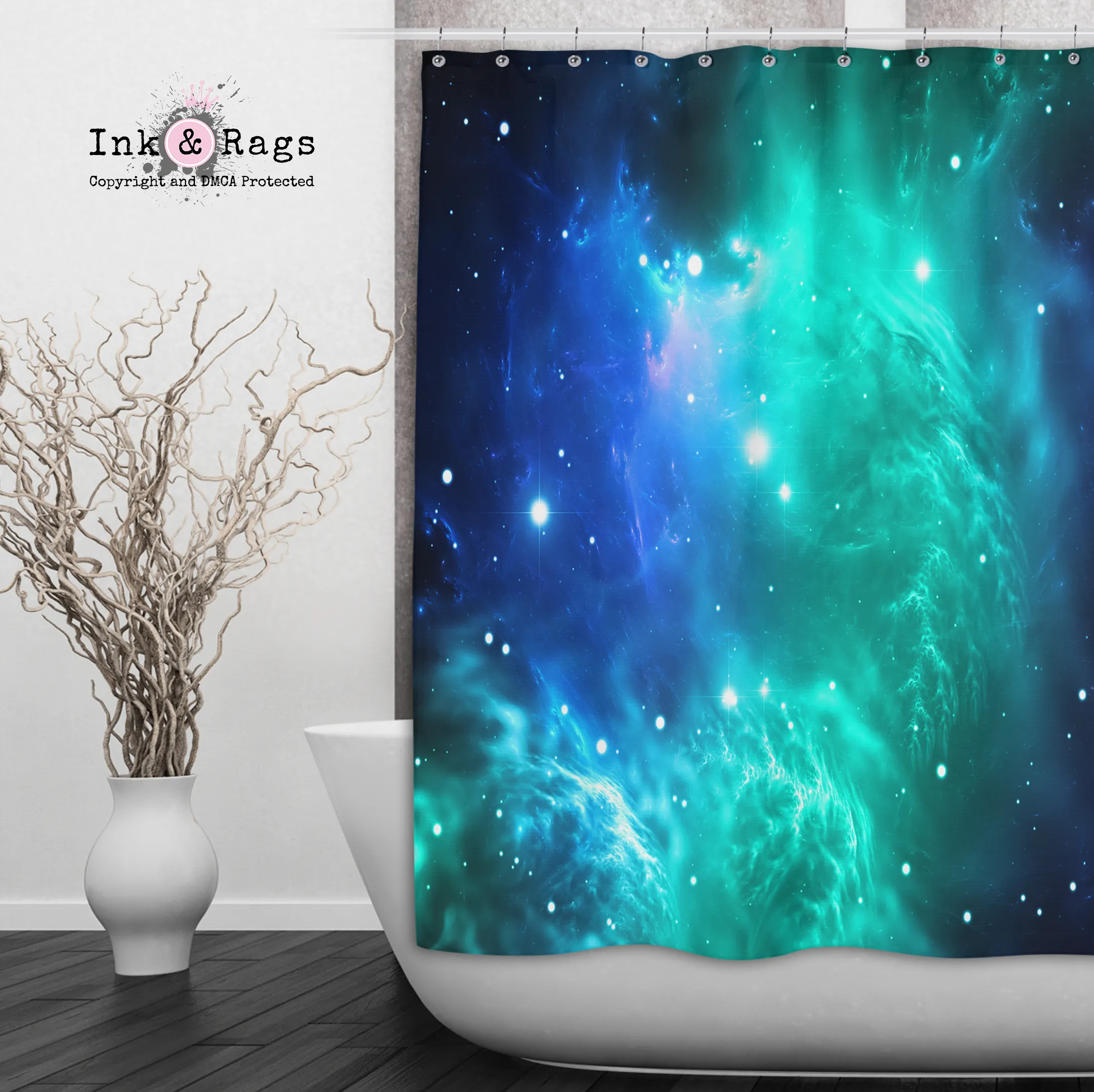 Teal and Blue Galaxy Nebula Shower Curtains and Optional Bath Mats