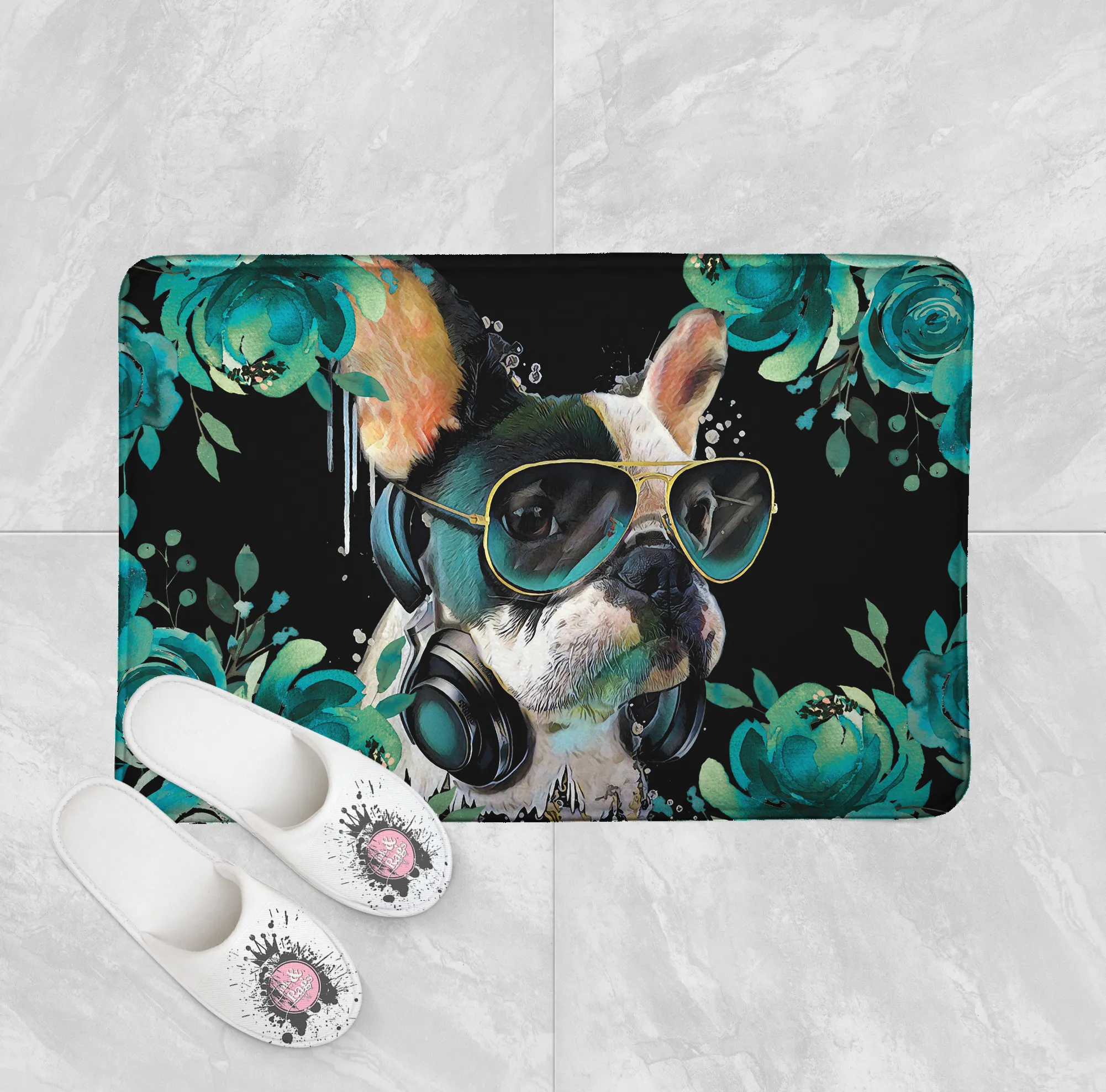 Teal Frenchie Shower Curtains and Optional Bath Mats