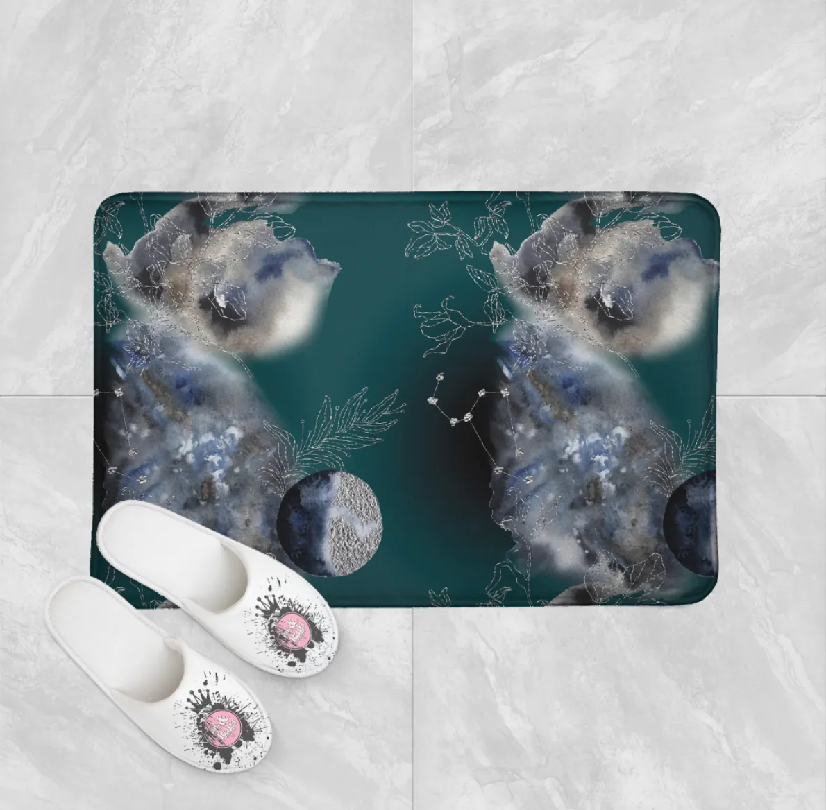 Tin Skies Teal Celestial Shower Curtains and Optional Bath Mats