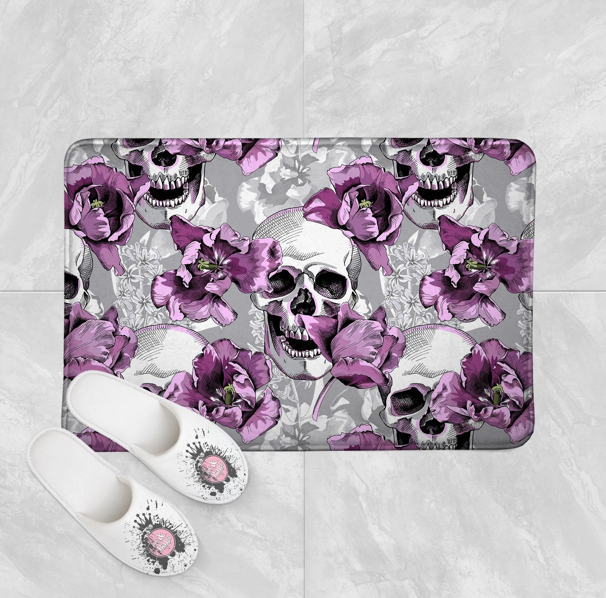 Violet and Grey Tulip and Skull Shower Curtains and Optional Bath Mats