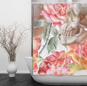 Watercolor Skull with Pink Roses Shower Curtains and Optional Bath Mats