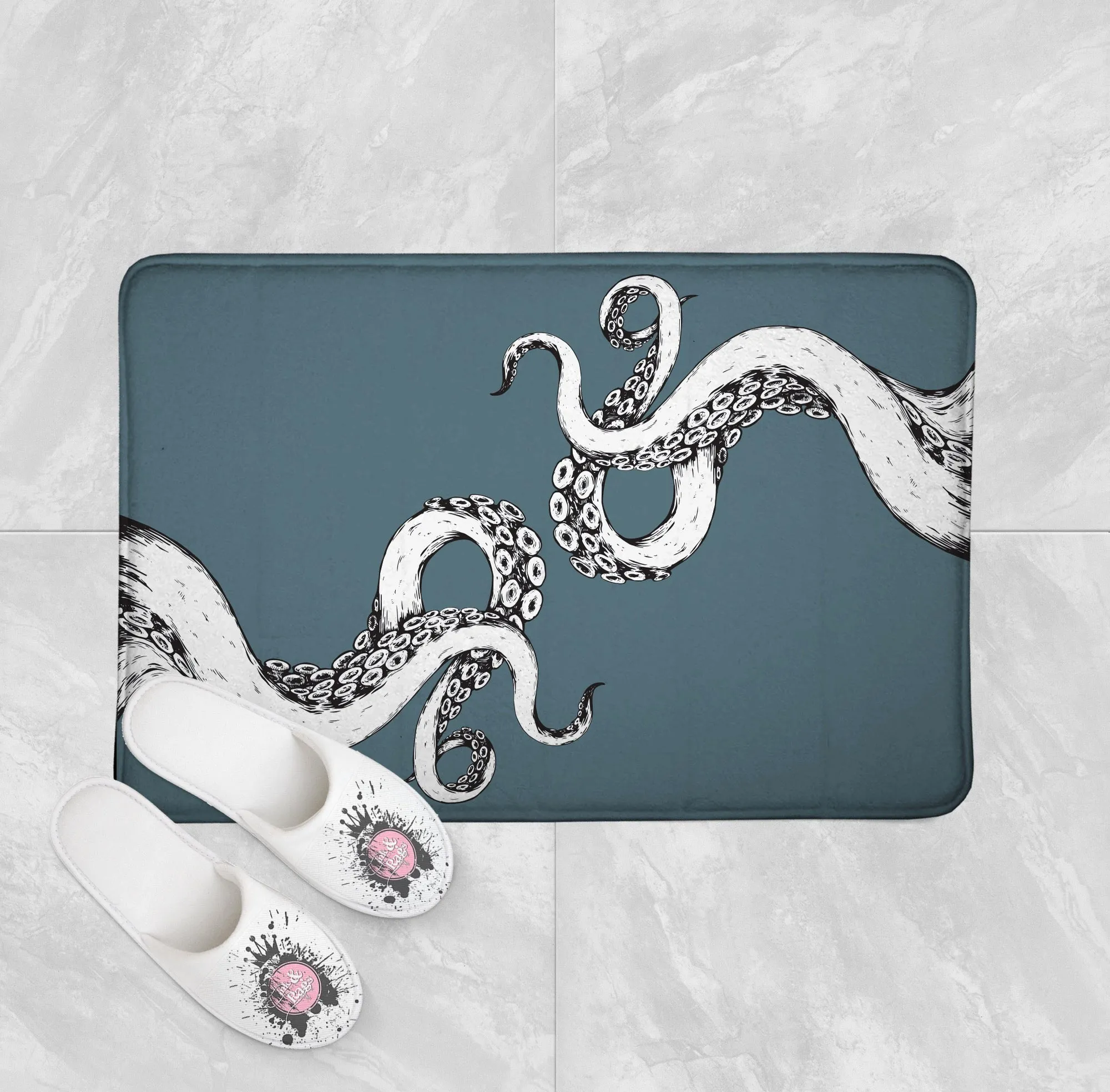 Wrapped in Tentacles Ocean Blue Octopus Shower Curtains and Optional Bath Mats