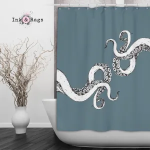 Wrapped in Tentacles Ocean Blue Octopus Shower Curtains and Optional Bath Mats